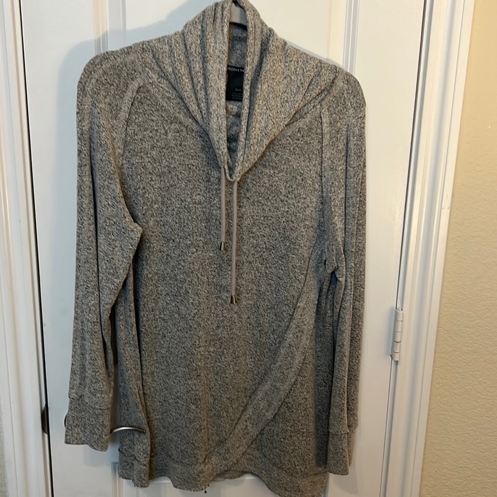 Cowlneck tunic. White/grey Heather. Size medium. Drawstring neckline.